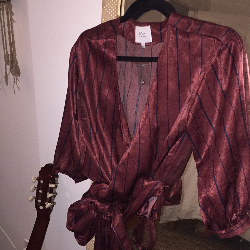 Wrap silky pinstripe blouse